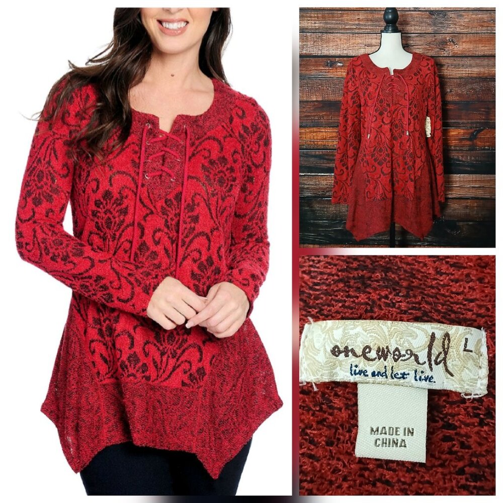NWT OneWorld Tunic Top Sweater L Red Damask Lace Up Handkerchief Hem